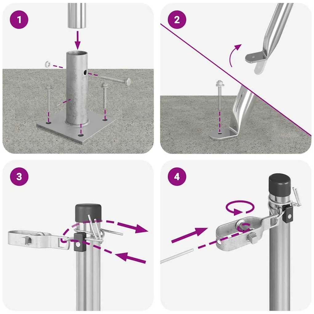 Postes de cerca com bases - 52 pcs, Ø32mm, 110cm, em aço galvanizado.