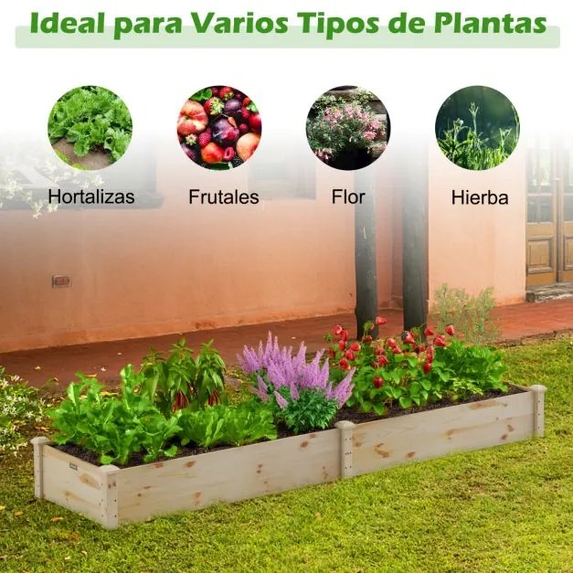 Canteiro de jardim elevado em madeira Caixa para plantas hortícolas Flores Ervas Frutos 240 x 60 x 25 cm Natural