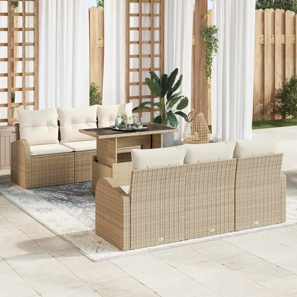 vidaXL Sofá de Jardim 7 Peças com Almofadas - Bege em Rattan Sintético