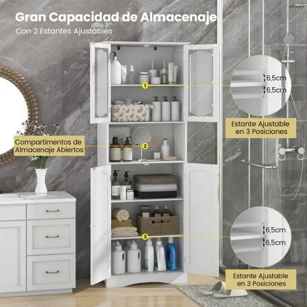 Armário de casa de banho, cozinha 60 x 30 x 164 cm com portas de vidro fosco Estantes de cozinha Sala de estar Branco