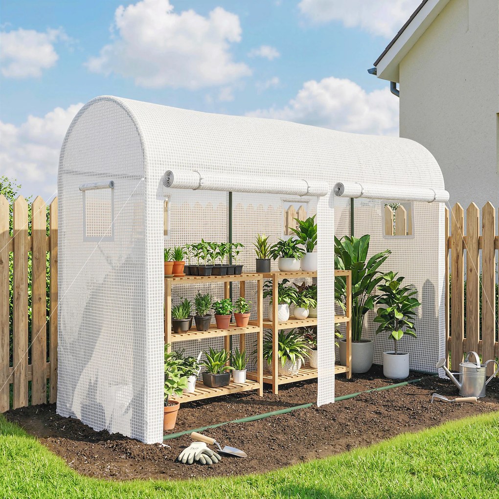 Estufa de jardim  300 x 100 x 200 cm, pequena estufa de varanda em lona de PE com estrutura de aço, portas e janelas de enrolar, branca