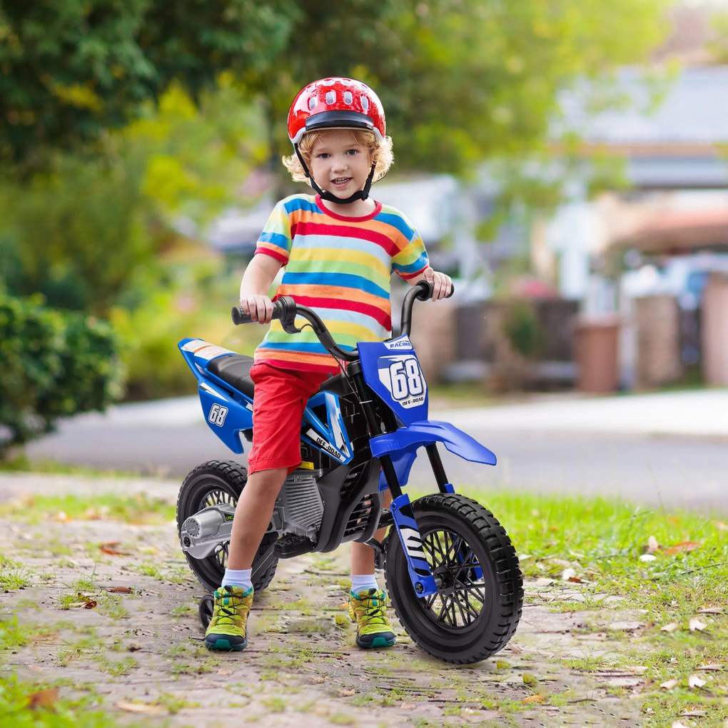 Moto elétrica para crianças, moto de motocross para crianças dos 3 aos 6 anos, 2 motores, 12 V, velocidade máxima de 5 km/h, 107 x 56 x 70 cm, azul