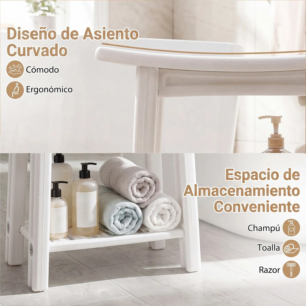 Banco de Duche de Canto, 56 x 31,5 x 45 cm, Prateleira Inferior, Branco