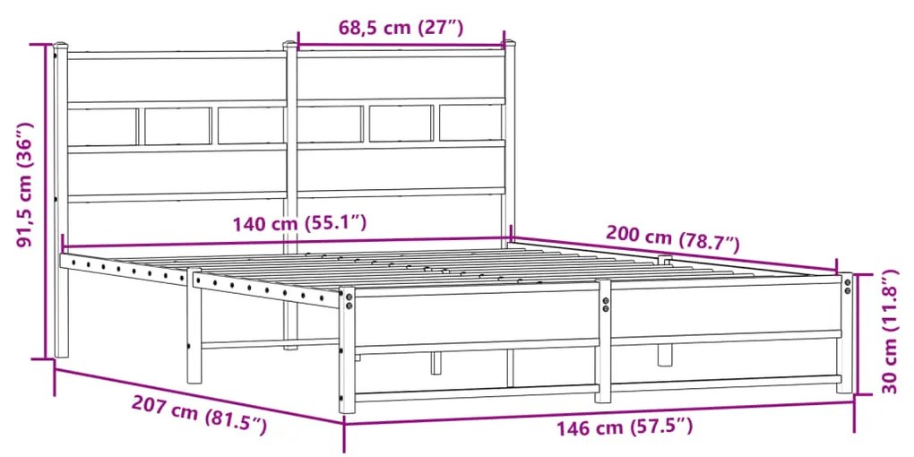 Estrutura de cama sem colchão 140x200 cm metal carvalho sonoma