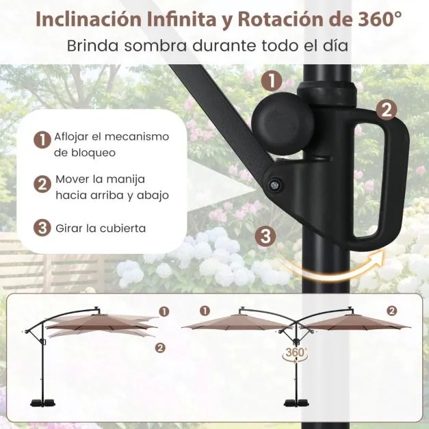 Guarda-sol 300 x 260 cm com base, iluminação LED, 9 modos, ajuste fácil da inclinação, rotação de 360° Café