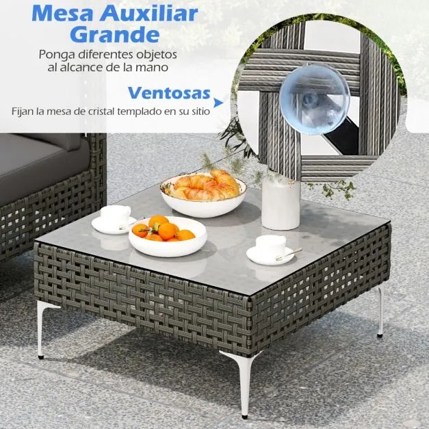 Conjunto de móveis de jardim em vime de 3 peças com 2 cadeiras e 1 mesa de centro em vidro temperado cinzento