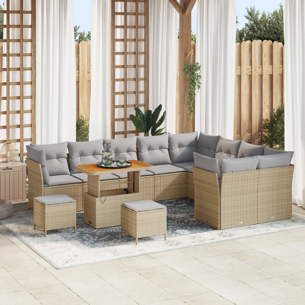 Conjunto de Sofás de Jardim de 12 Peças com Almofadas Bege de Rattan P