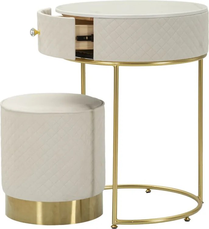 MESA DE CABECEIRA/TOCADOR COM PUFF Ø 52x70 - 36x39 CM CREME E DOURADO