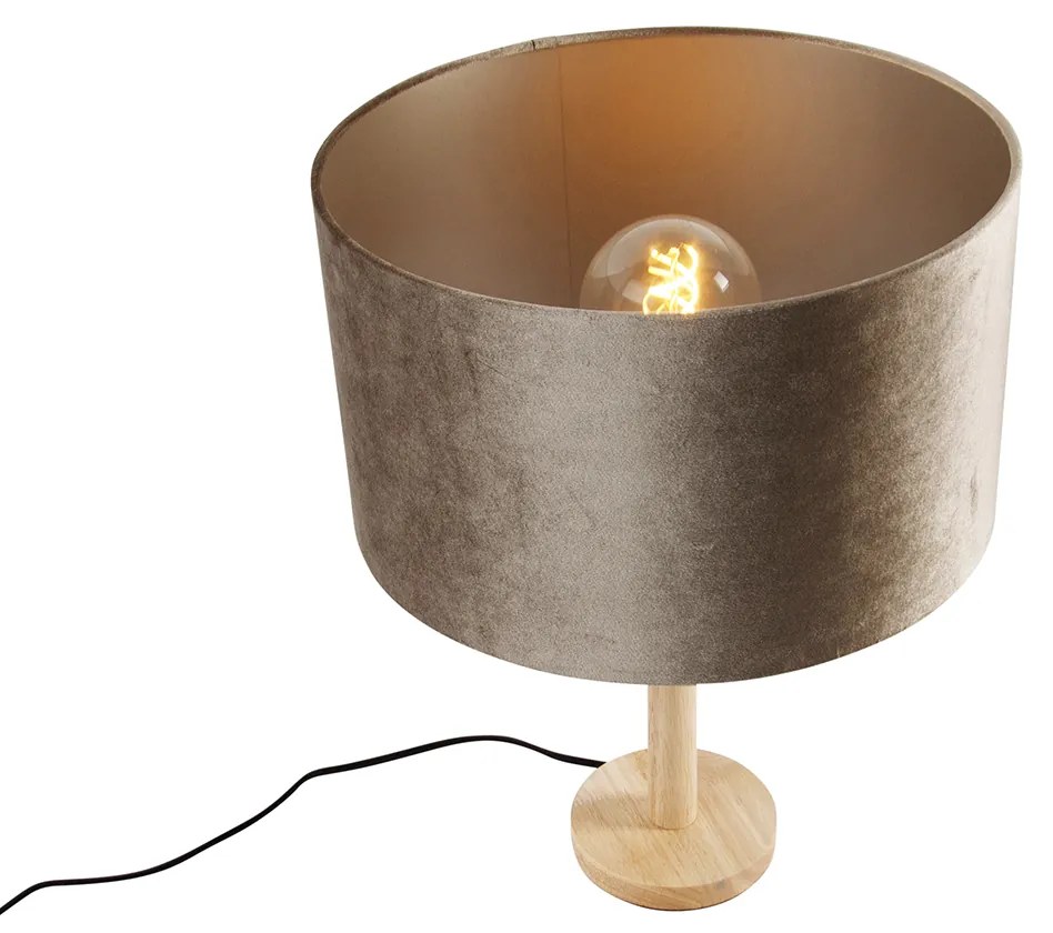 Candeeiro de Mesa Madeira com Abajur de Veludo Taupe 35cm - Mels Rústico ,Clássico / Antigo