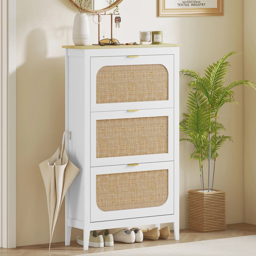 Sapateira com capacidade para 21 pares 80 x 24 x 131 cm, estilo boémio, com 3 gavetas rebatíveis, portas com efeito de vime, branco