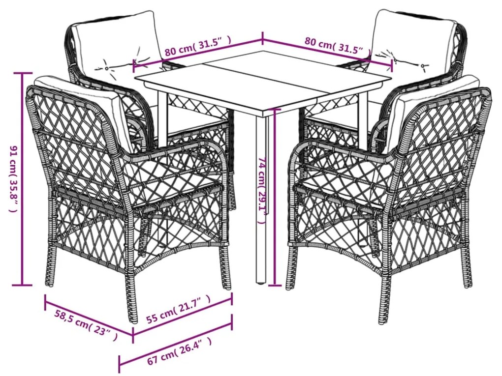 5 pcs conjunto de jantar p/ jardim c/ almofadões vime PE cinza