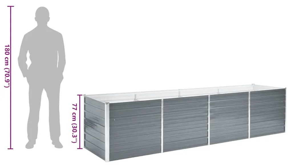 Canteiro elevado de jardim aço galvanizado 320x80x77cm cinzento