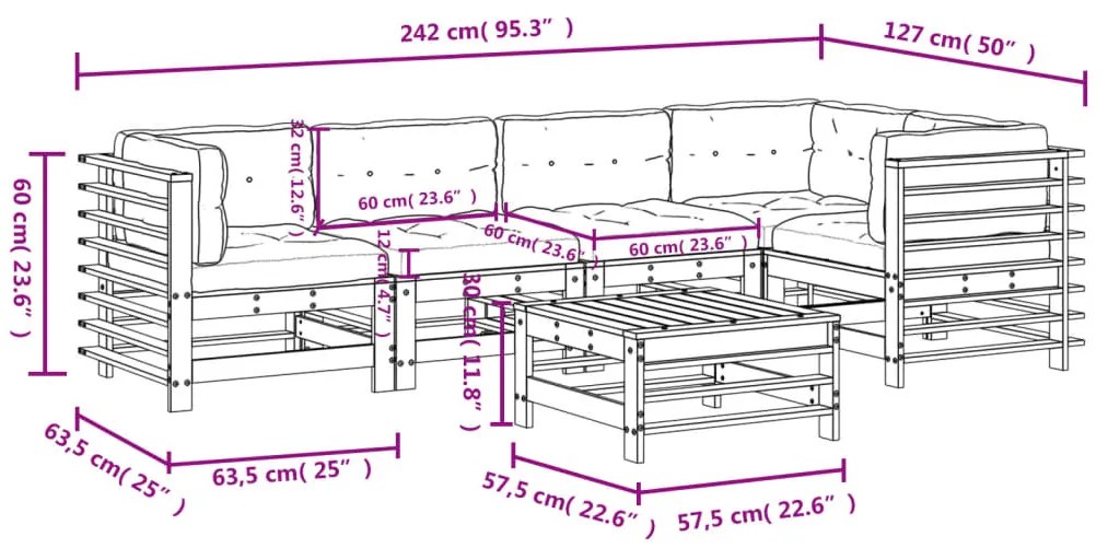 6 pcs conj. lounge jardim c/ almofadões madeira douglas maciça