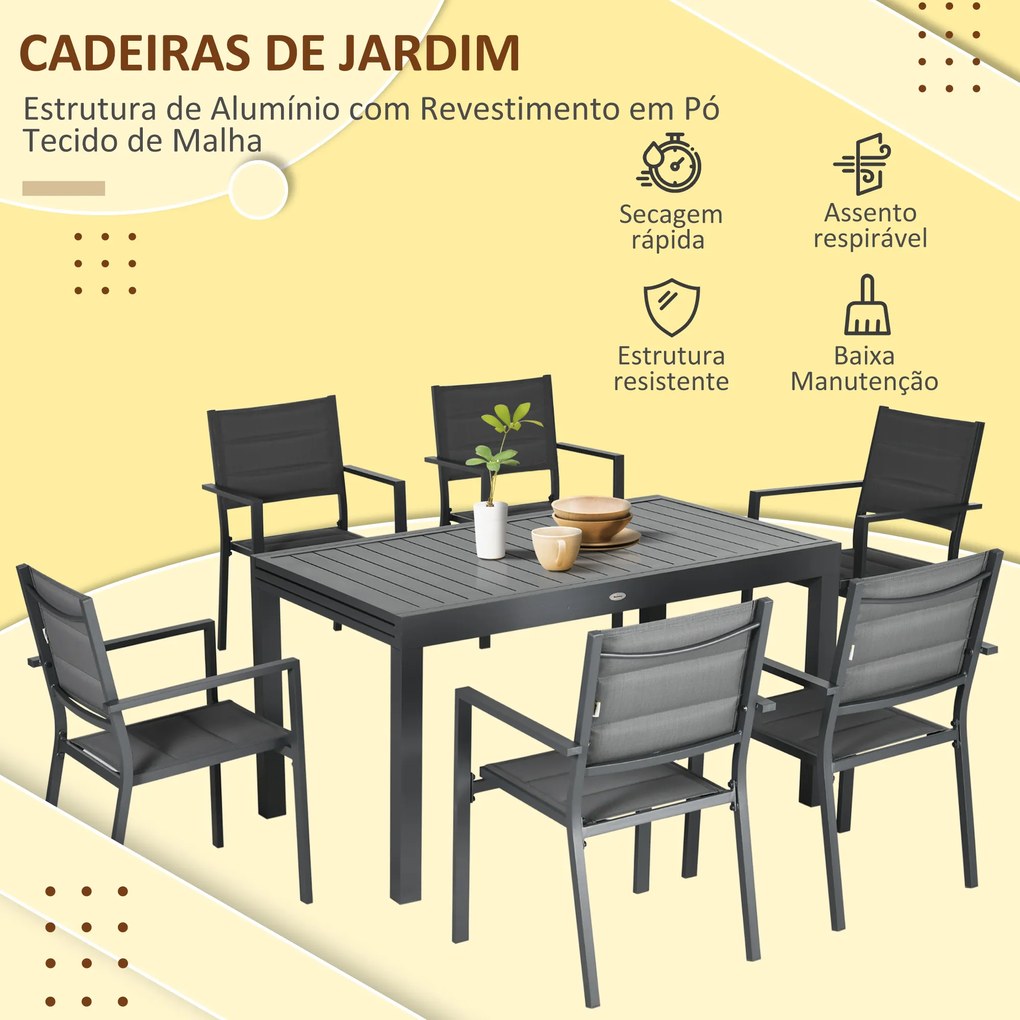 Outsunny Conjunto Móveis de Jardim 9 Peças Conjunto de Refeição para Varanda com Mesa Extensível 8 Cadeiras Empilháveis Estrutura de Alumínio e Assento de Textilene 135-270x89x74cm Cinza