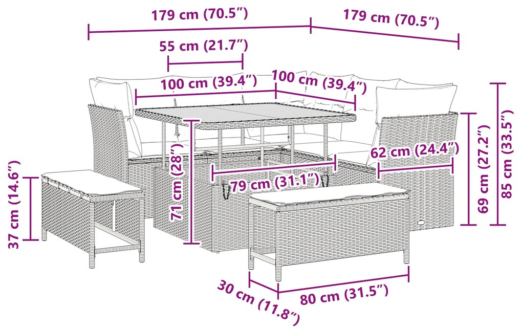 Conjunto de Sofá de Jardim de 8 Peças com Almofadas Bege em Rattan Pol