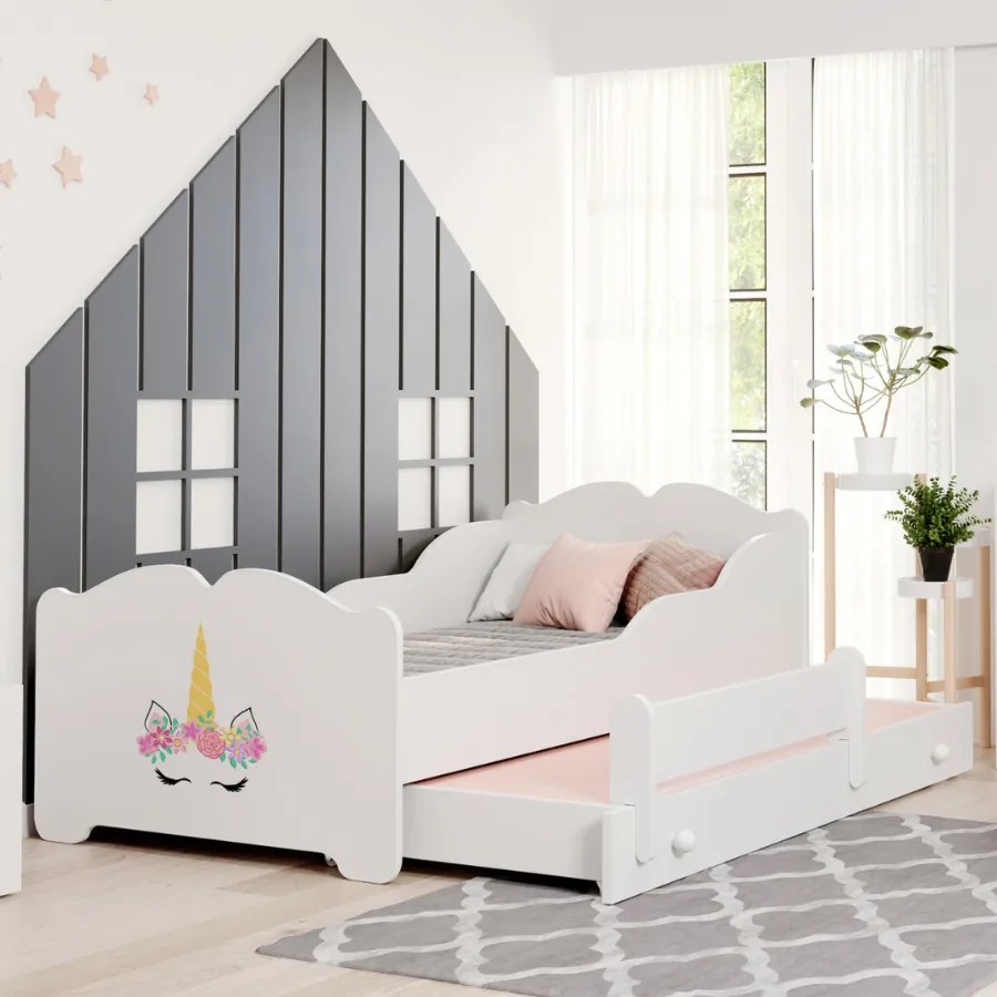 Cama dupla infantil ANNA 160x80 branca - unicórnio - colchão e estrado incluído