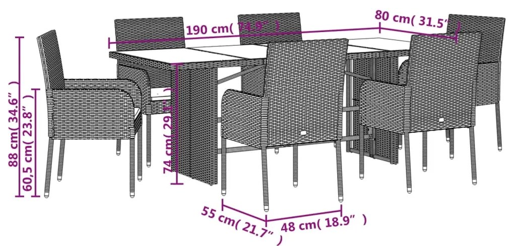 7 pcs conjunto de jantar p/ jardim c/ almofadões vime PE cinza