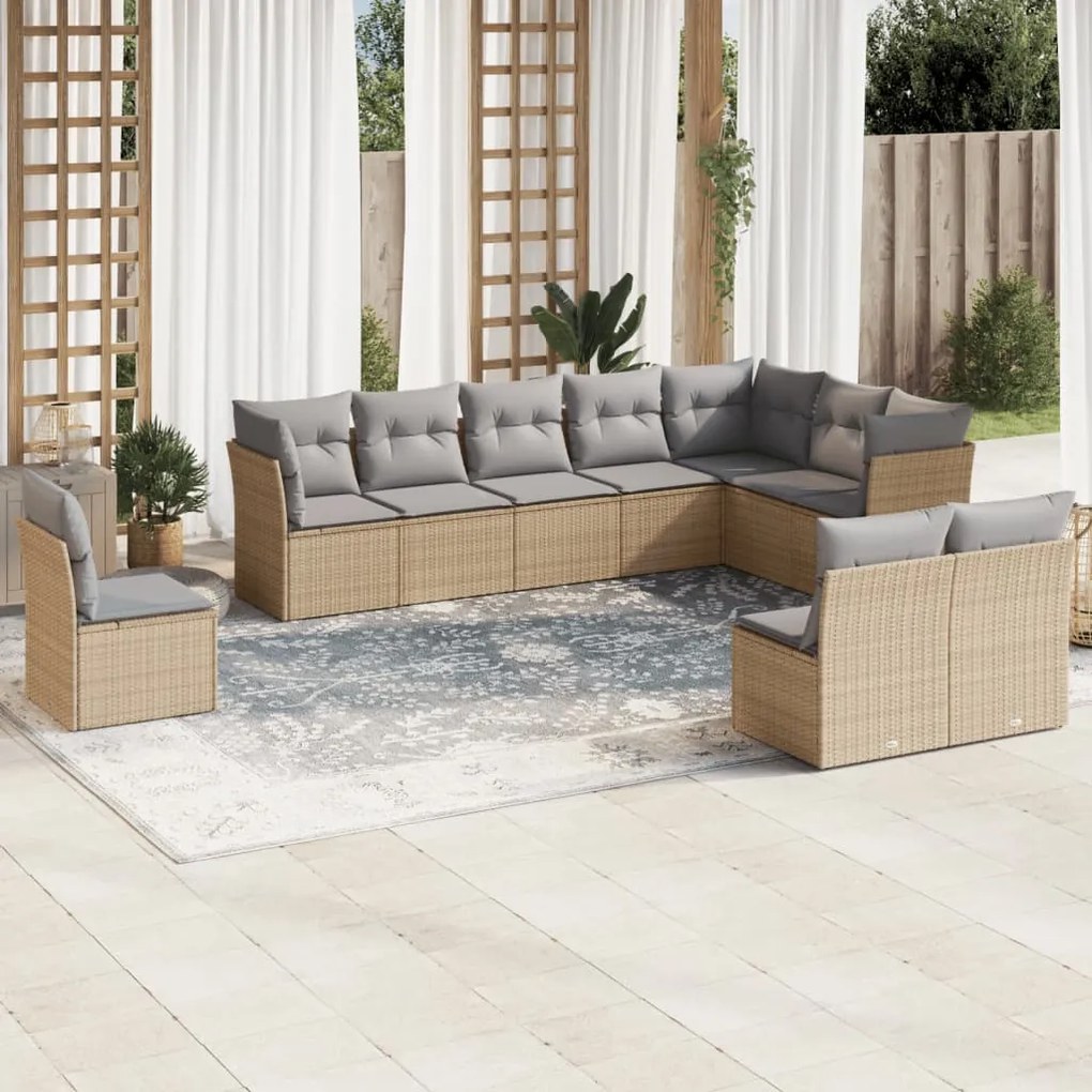 10 pcs conjunto de sofás p/ jardim com almofadões vime PE bege