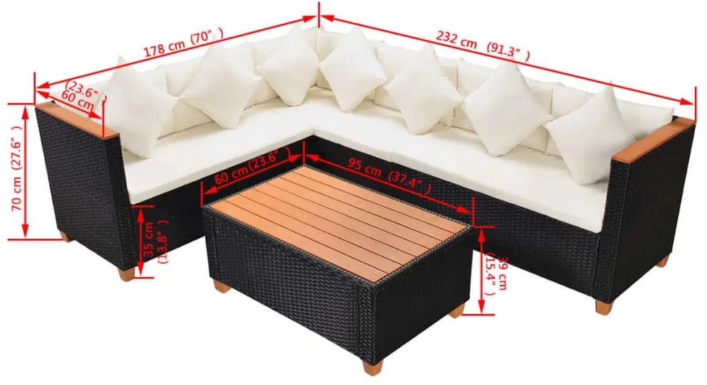 4 pcs conjunto lounge de jardim c/ almofadões vime PE preto