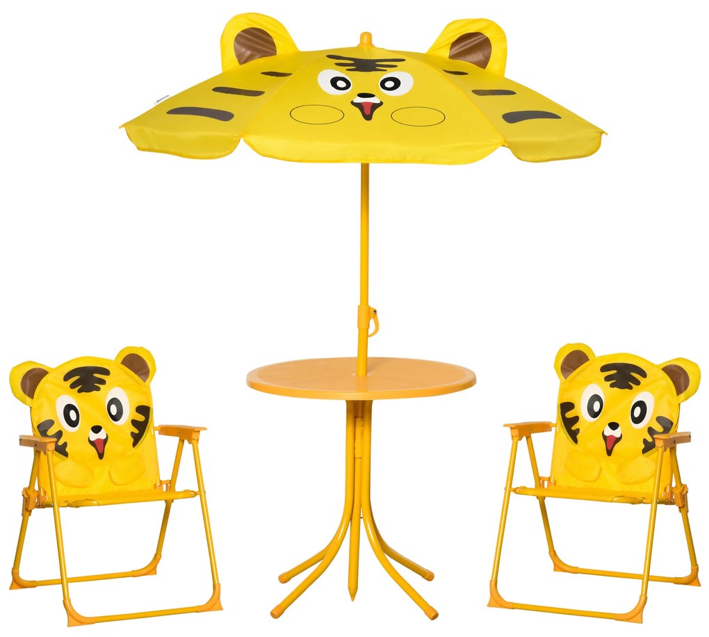 Outsunny Conjunto de Mobiliário de Jardim para Crianças 4 Pcs Tigre Mesa Redonda 2 Cadeiras Dobráveis Guarda Sol Metal Oxford Amarel | Aosom Portugal