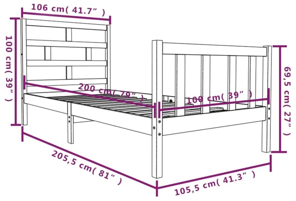 Estrutura de cama 100x200 cm pinho maciço