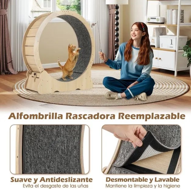 Roda de exercício grande 101 cm para gatos de interior com mecanismo bloqueável, pista almofadada e Estrutura de madeira para uma saúde natural,