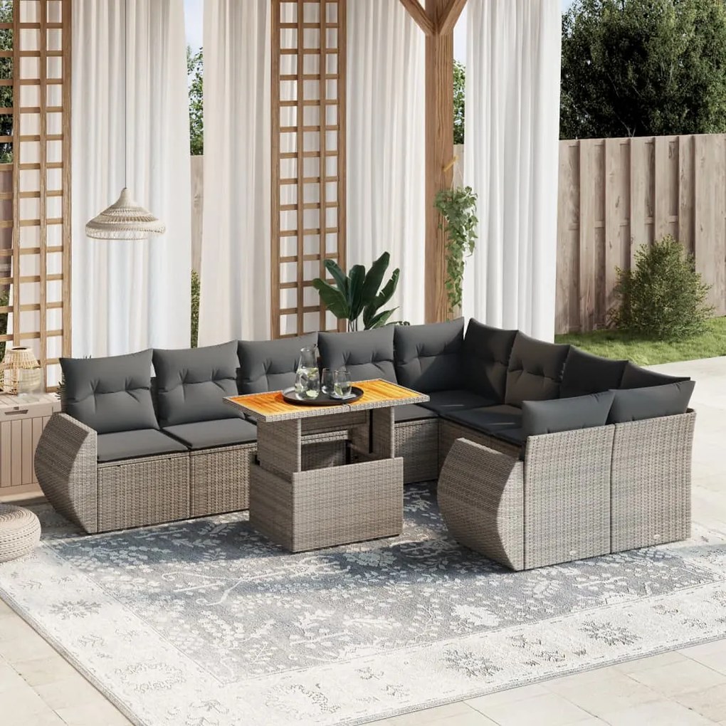 10 pcs conjunto sofás de jardim c/ almofadões vime PE cinzento