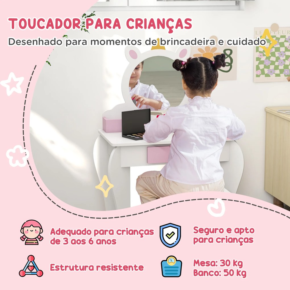 Toucador Infantil com Banco e Espelho Toucador de Maquilhagem com Gaveta Compartimentos Desenho de Unicórnio Branco
