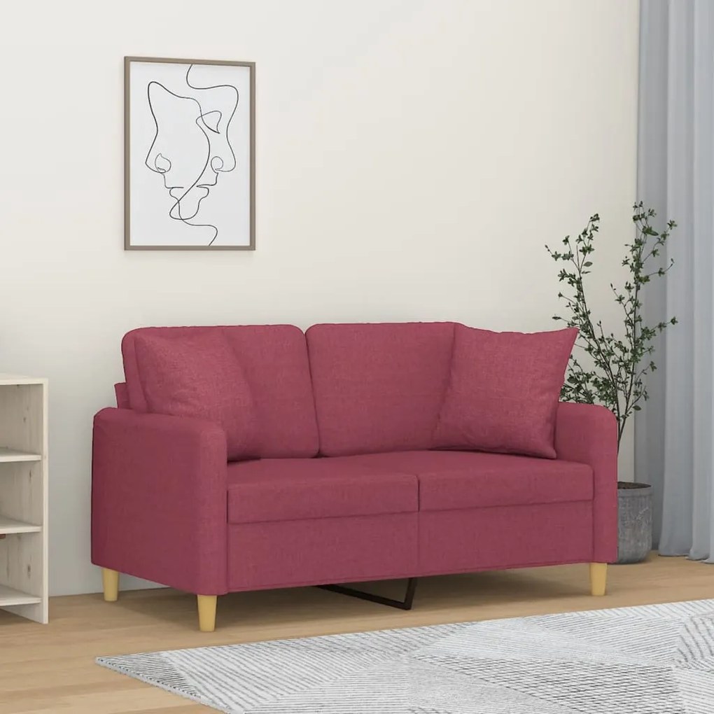 vidaXL Sofá 2 lug. + almofadas decorativas 120cm tecido vermelho tinto