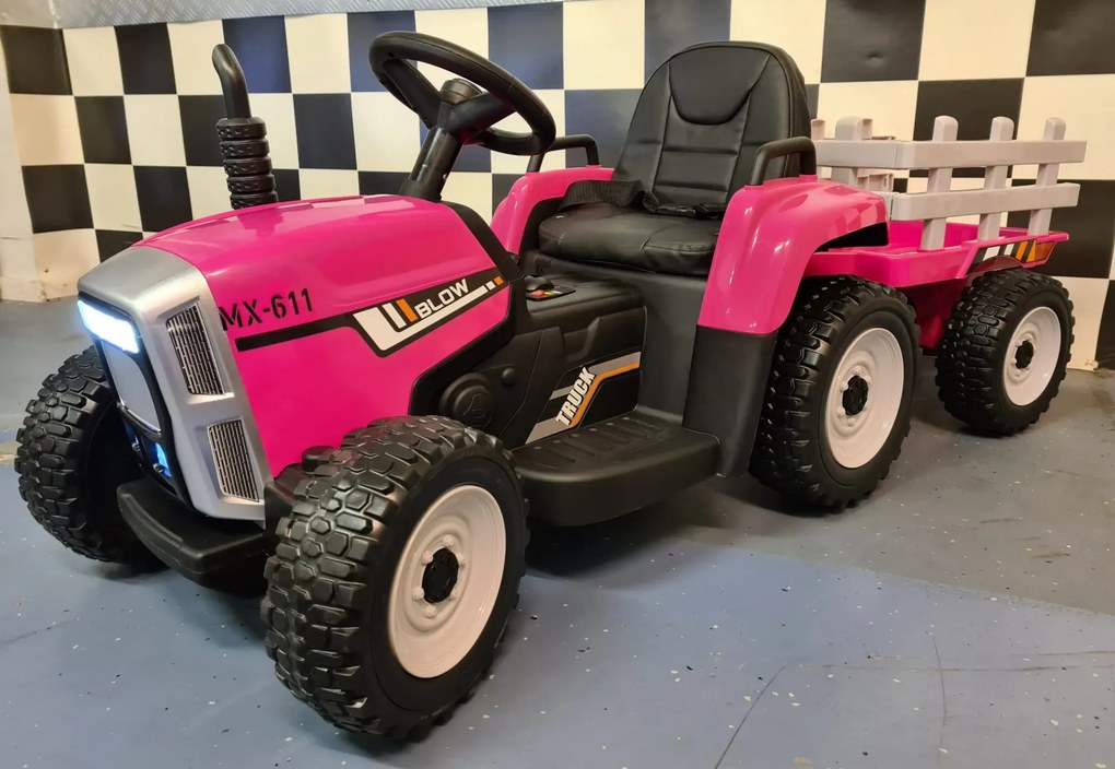 Tractor de bateria para crianças 12 volts, Pneus borracha, banco em pele, com reboque e Comando Rosa