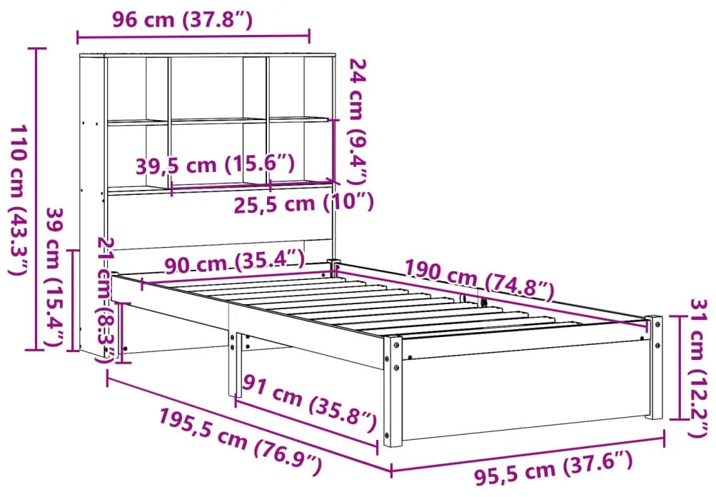 Cama com estante sem colchão 90x190 cm pinho maciço