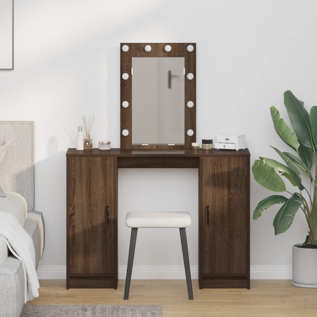 Mesa de Maquiagem vidaXL com Luzes LED Castanho Carvalho 102x33x135 cm