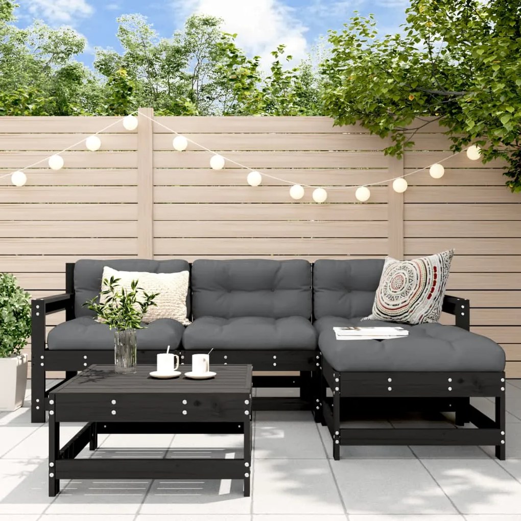 vidaXL 5pcs conjunto lounge jardim com almofadões madeira maciça preto