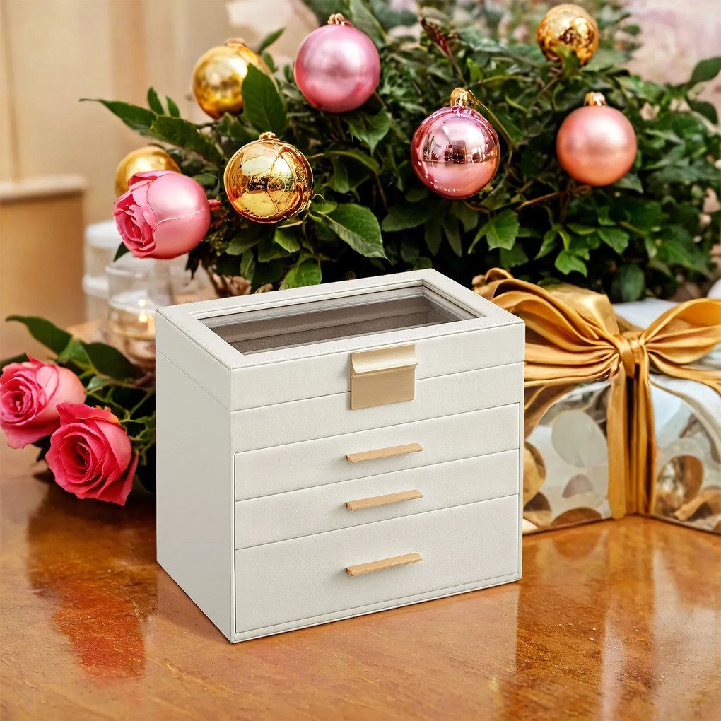 Caixa para joias com 4 níveis e tampa de vidro 15,3 x 25,1 x 21,5 cm Branca