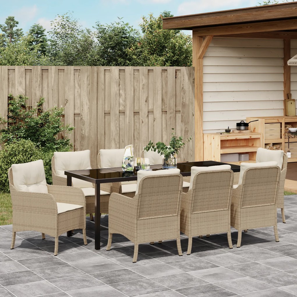 Conjunto de Jantar de Jardim com Almofadas de 9 Peças Bege Vime Sintét