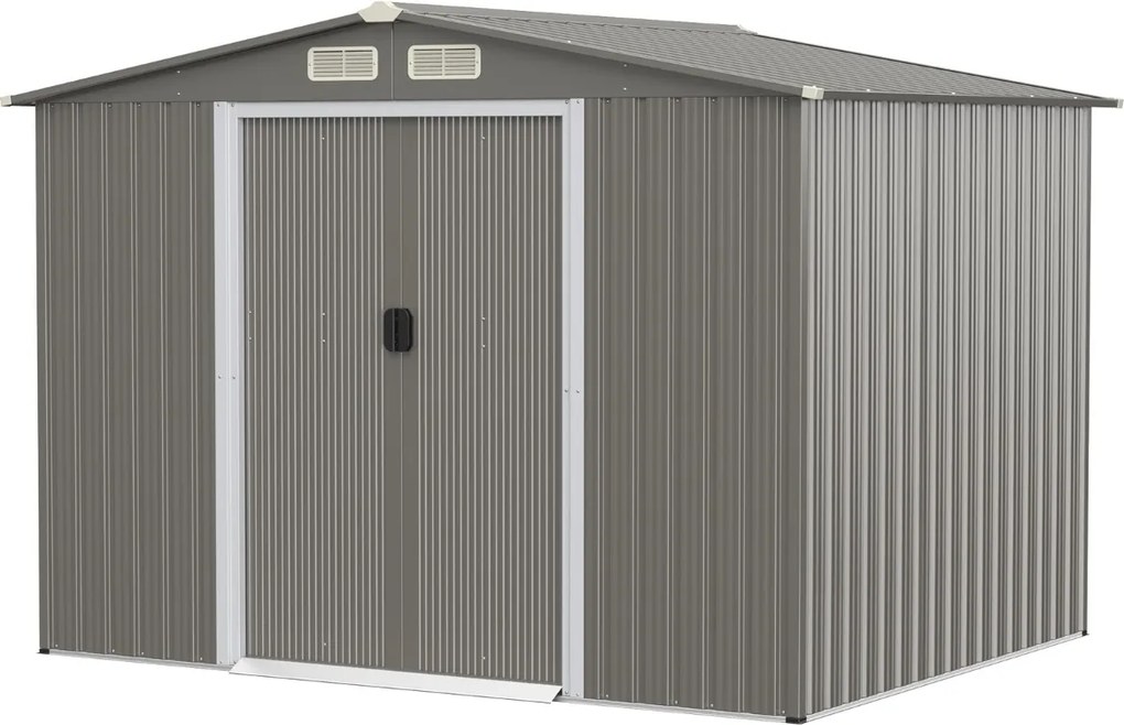 Abrigo de jardim Portas duplas e rampa para ferramentas 260 x 207 x 180 cm Cinzento claro