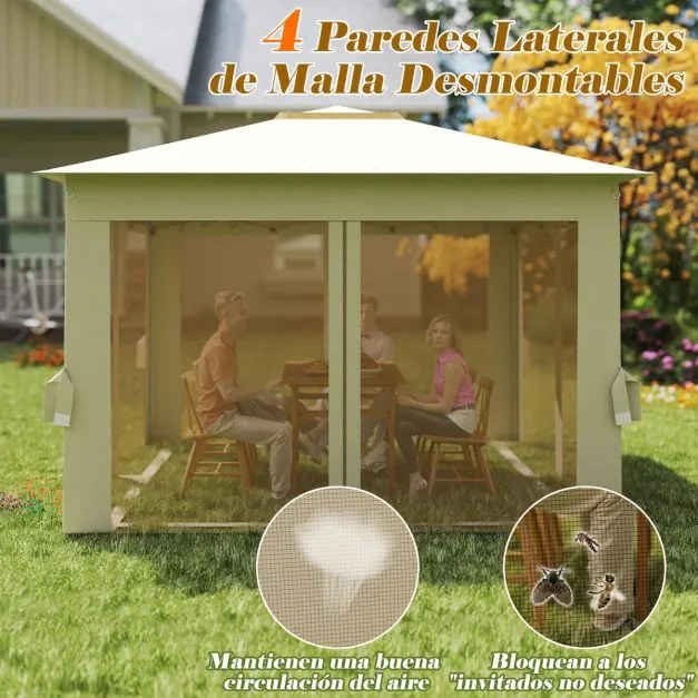 Pergula Instantânea para Jardim 337 x 337 CM Dobrável com Telhado Duplo com Rede Bolsa de Transporte Fácil Montagem Bege