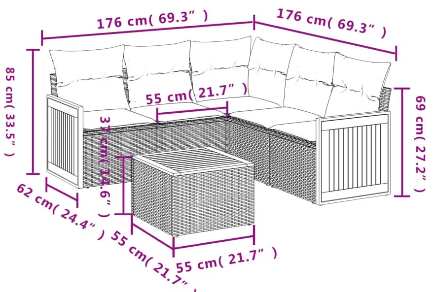 6 pcs conjunto sofás de jardim c/ almofadões vime PE preto