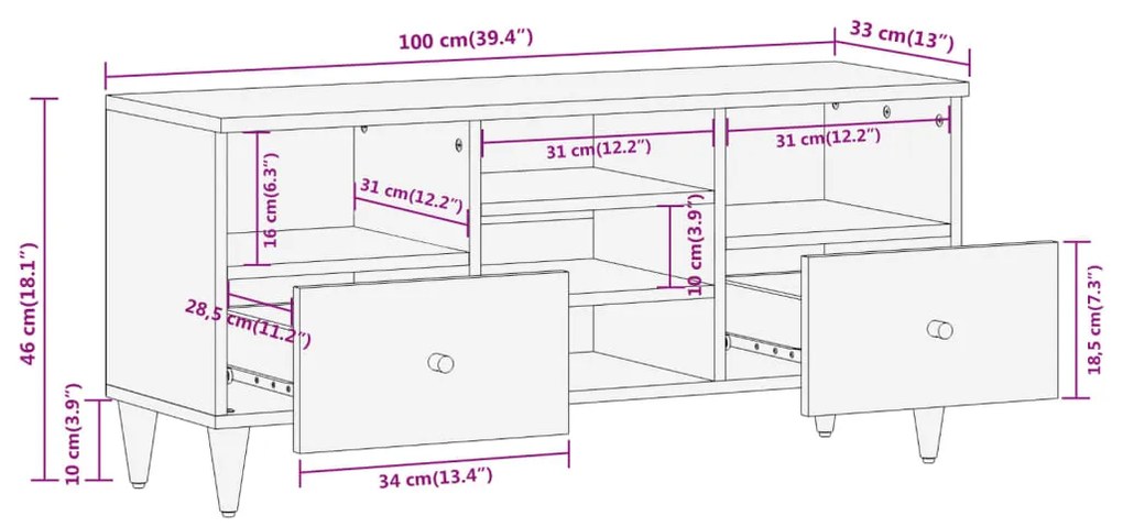 Móvel de TV 100x33x46 cm madeira de mangueira maciça