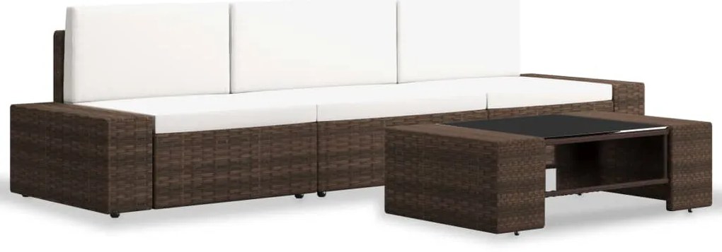 4 pcs conjunto lounge para jardim vime PE castanho