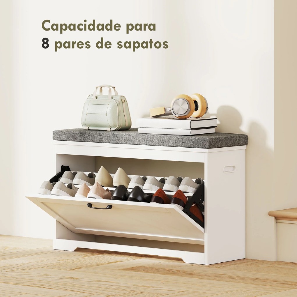 Banco Sapateira Moderno com Assento Acolchoado Prateleira Ajustável para 8 Pares de Sapatos 80x30x50 cm Branco