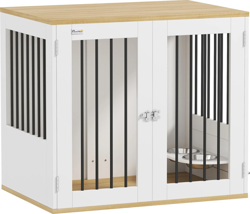 Gaiola para cães, comedouros removíveis com rotação de 360°, 2 portas, para cães de tamanho médio, 80 x 55 x 71,5 cm, branca