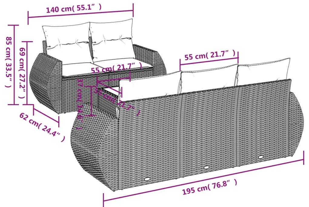 6 pcs conjunto sofás de jardim com almofadões vime cinzento