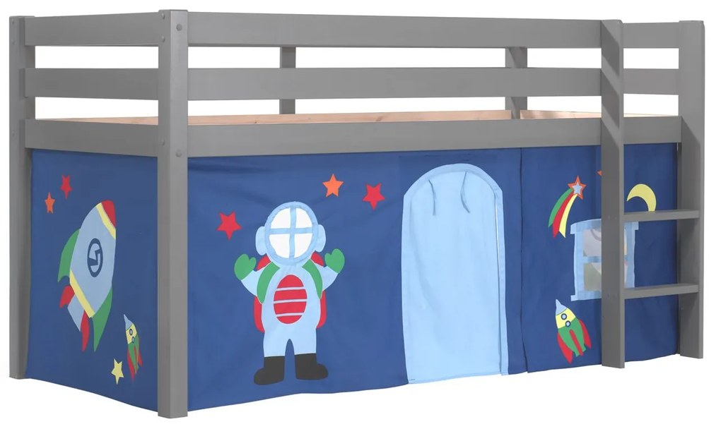 Conjunto Cama alta de Criança PINO 90 x 200 cm + estrado + escada + cortina Astronauta Cinzenta