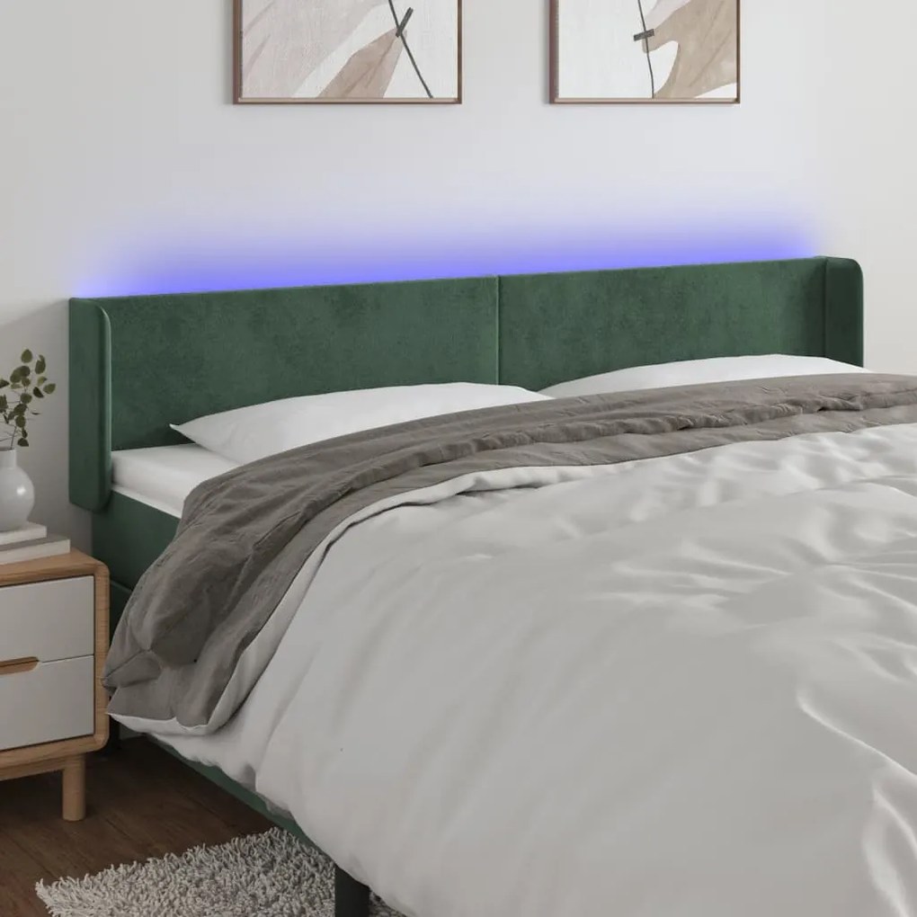 Cabeceira cama c/ luzes LED veludo 203x16x78/88 cm verde-escuro