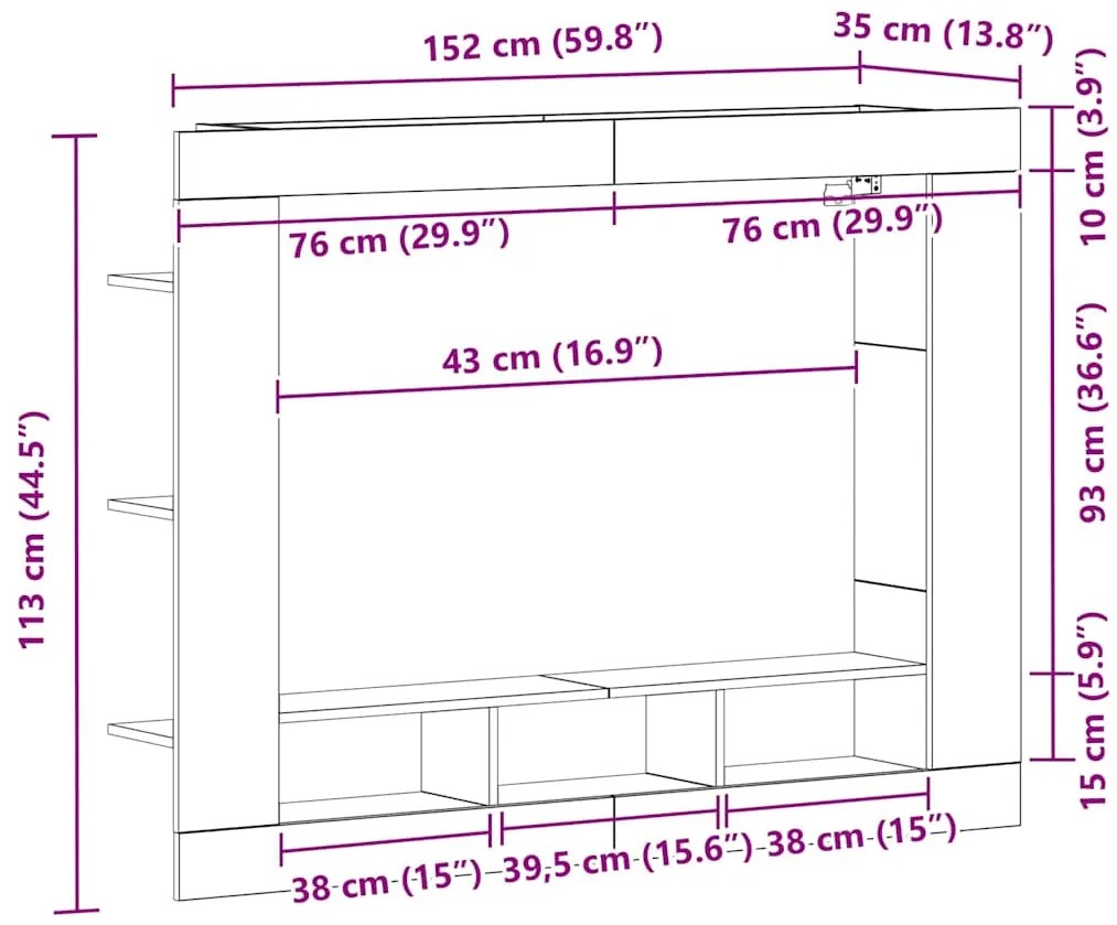 Armário de TV Wall-Mounted vidaXL Carvalho Artesanal 152x22x113 cm