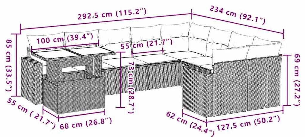10 pcs conjunto sofás de jardim c/ almofadões vime PE preto