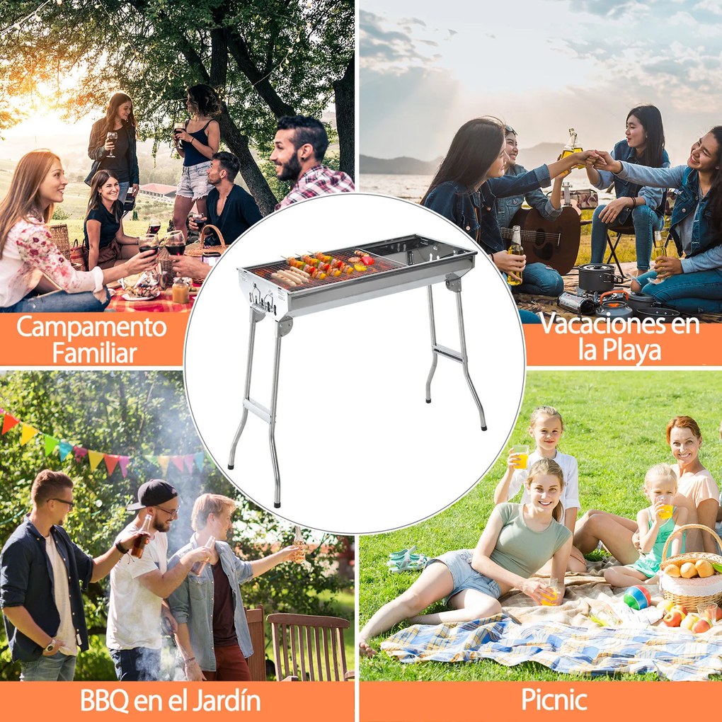 Outsunny Barbecue Portátil e Dobrável de Aço Inoxidável com Grelha Barbecue a Carvão com Ventilação para Jardim Picnic Camping 73x33x71 cm Prata