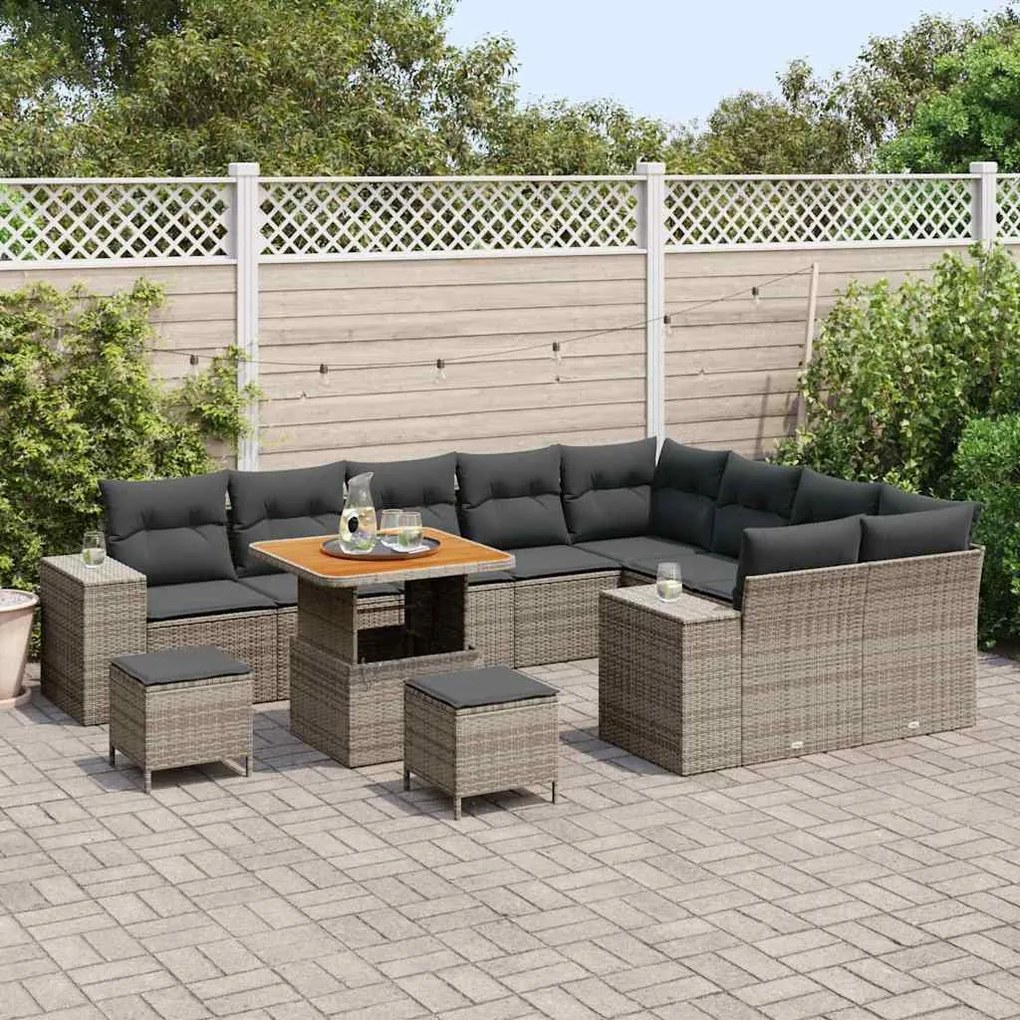 Conjunto de Sofá para Jardim de 12 Peças com Almofadas Cinzento em Vim