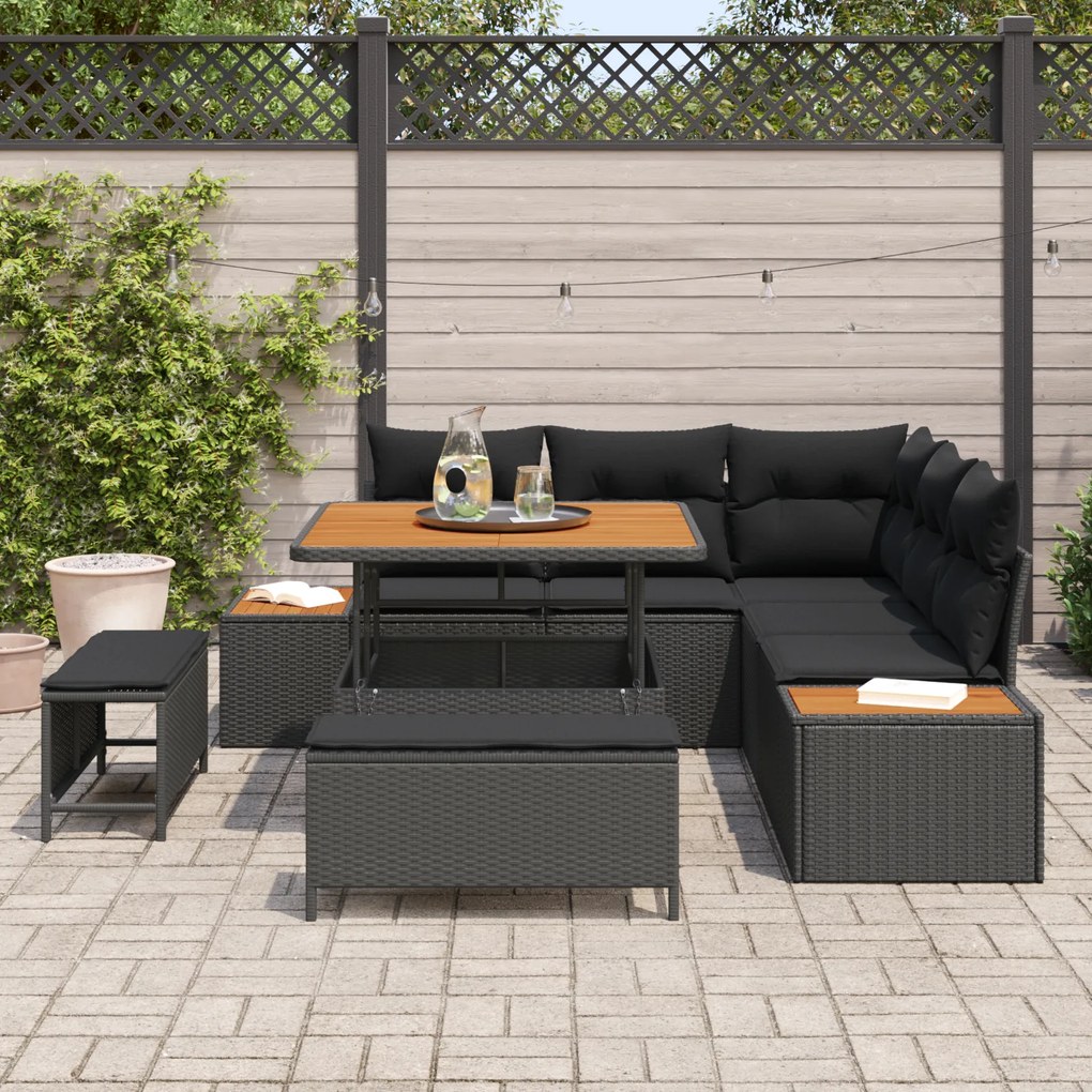 Conjunto de Sofá de Jardim 8 Peças com Almofadas Rattan Poliéster Pret